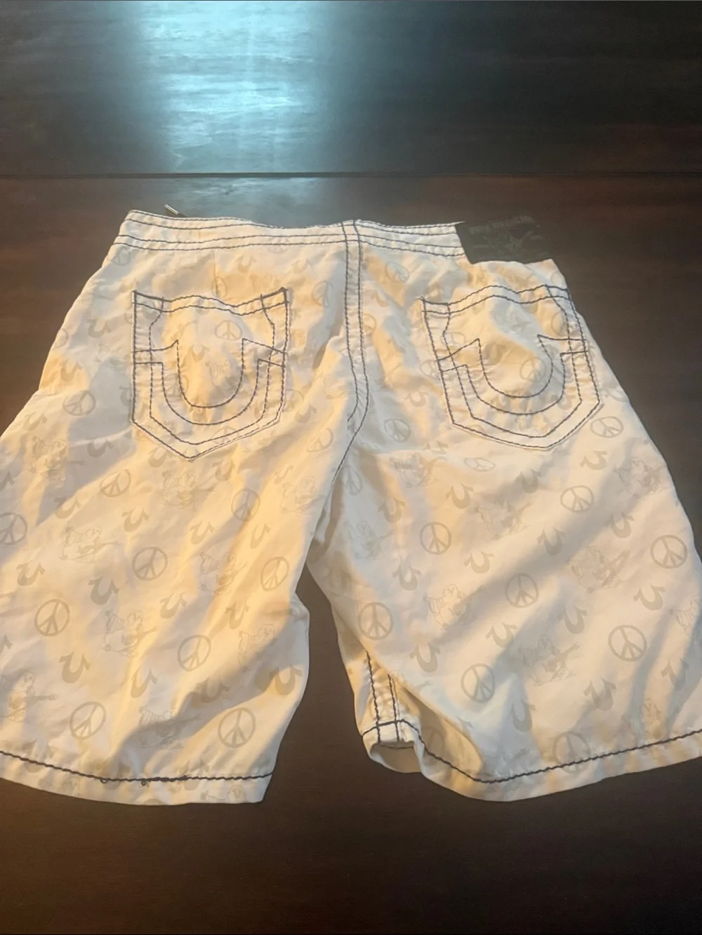 True Religion White Swim Board Shorts with Peace Print